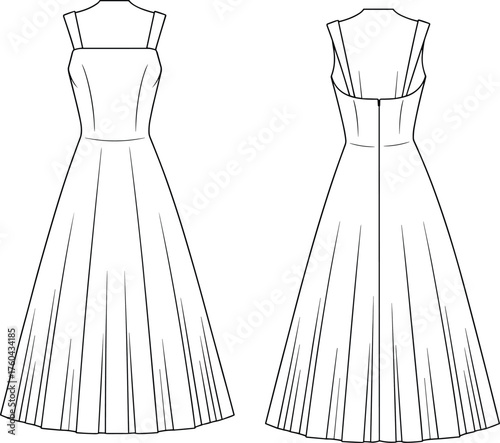 CAD drawing flat vector illustration, technical fashion dress design, sleeveless bodice with straps, pleated full skirt, garment construction, apparel sketch