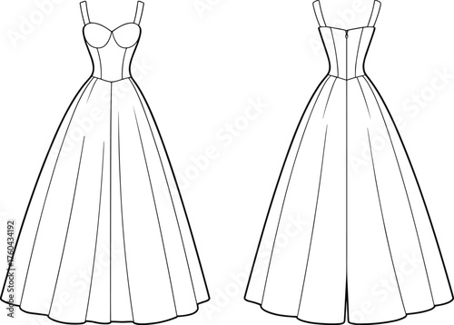 CAD drawing flat vector illustration, technical fashion dress design, bodice with straps, pleated full skirt, garment construction, apparel flat sketch