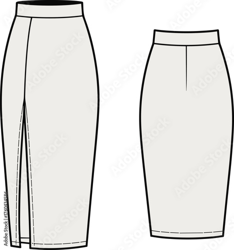 CAD drawing flat vector illustration, technical fashion skirt design, pencil skirt front back view, apparel template, garment construction, clothing pattern