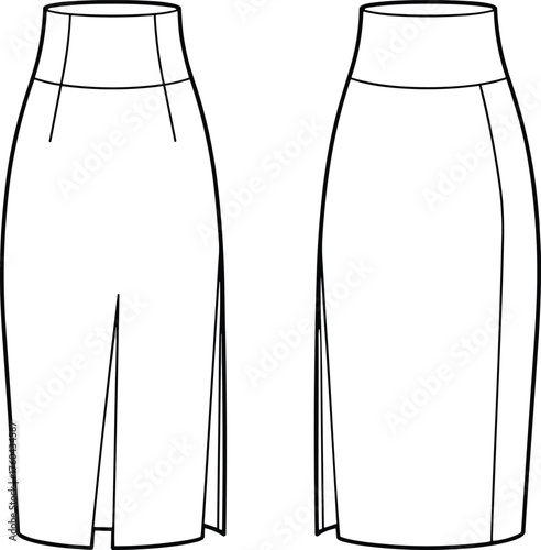 CAD drawing flat vector illustration, technical fashion skirt design, high waist pencil skirt front back view, apparel template, garment construction, clothing pattern