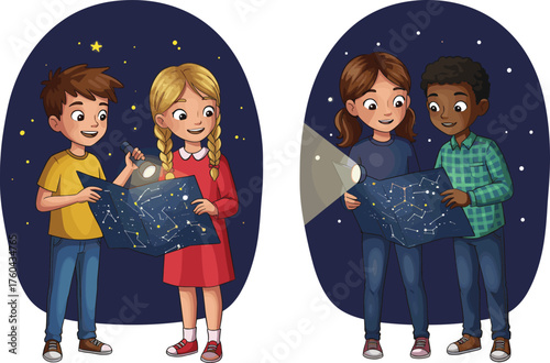 Cartoon children stargazing at night, kids exploring constellations, astronomy education activity, star map learning, flashlight observation, science project, curiosity, outdoor study