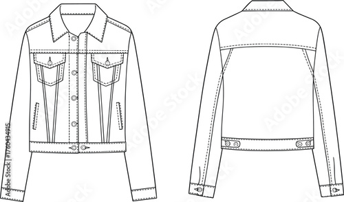 Denim jacket flat sketch, fashion CAD drawing, technical garment illustration, vector apparel template, front and back view, clothing design, outerwear