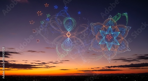 Sunset Sky Dance - Digital Flowers Bloom in the Twilight.