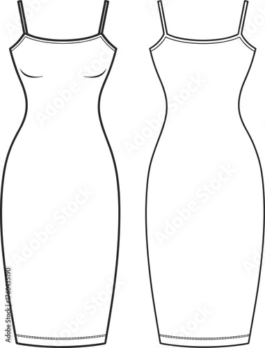 Elegant sleeveless fitted sheath dress flat sketch, spaghetti strap technical garment CAD drawing, vector illustration front and back fashion design template