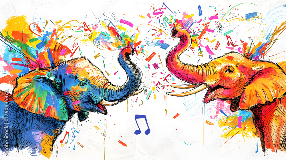 Obraz premium Nursery Animal Doodle Wallpaper Colorful elephants celebrating with music. Playful Cartoon Illustration Background Whimsical Hand-Drawn Wall Art