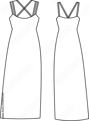 Elegant strappy long dress flat sketch, scoop neckline fashion CAD drawing, vector garment technical illustration front and back apparel design template