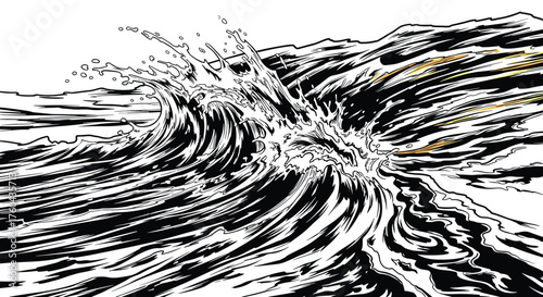Dramatic Ocean Wave Crashing in Black and White Ink Style Illustration Near Rocky Shore, a Powerful Nautical Scene of Water Action for Nature, Energy, Graphic Design, or Creative Project Needs (Mariti
