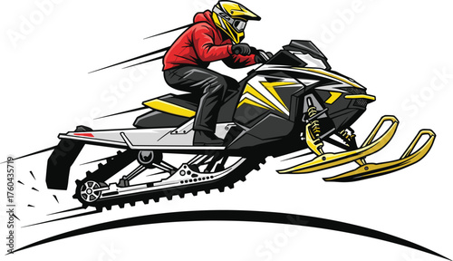 Dynamic Snowmobile Rider in Action: Winter Sport Adventure Illustration for Extreme Sports, Racing, Recreation, Leisure, and Transportation, Featuring Speed, Motion, Excitement, and Outdoor Thrills, D