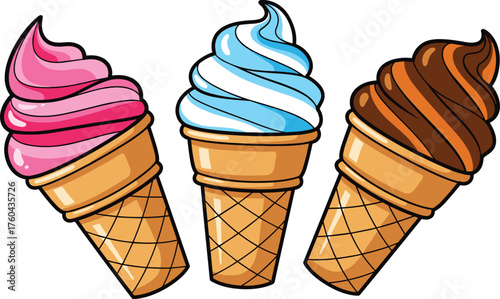 Delicious Assortment of Ice Cream Cones Isolated on White Background, Representing Summer Treats, Dessert Delights, Sweet Cravings, and Frozen Indulgence, Perfect for Menu Designs, Food Illustrations,