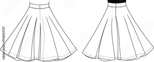 Flared pleated skirt technical flat sketch, front and back view, garment construction vector, apparel design template, cad drawing flat vector illustration