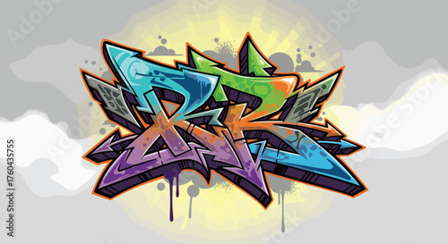 Vibrant Graffiti Art Spray Painted on Urban Wall, Dynamic Abstract Design for Creative Projects, Modern Street Art in Bold Colors, Illustration for Youth Culture and Music, Edgy Background with Graffi