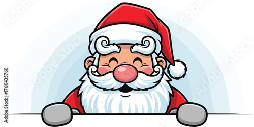 Smiling Santa Claus Peeking Over a Sign, Happy Christmas Cartoon Character with Red Hat and White Beard Presenting, Holiday Season Joy, Festive Illustration, Vector Graphic for Greetings Cards and Sea
