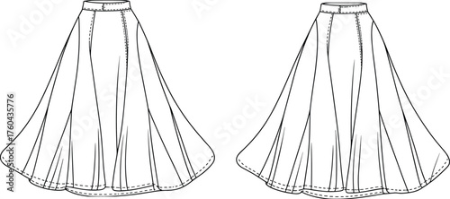 Long flared skirt technical flat sketch, front and back view, garment construction vector, apparel design template, cad drawing flat vector illustration