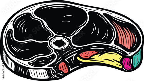 Vibrant Steak Illustration: Raw Meat Cut with Detailed Marbling for Culinary Arts Presentation, Butcher Shop Marketing, Delicious Food Design, Restaurant Menu, Gourmet Cooking, Creative Ingredient Vis