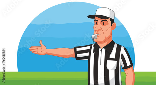 Confident Cartoon Referee Signaling Penalty on Green Field Under Blue Sky Backdrop Illustration for Sports Game Visual, Rules Enforcement, and Fair Play Representation with Illustration Style and Desi