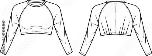 Long sleeve cropped top flat sketch, raglan crew neck fashion CAD drawing, vector apparel design template front and back technical illustration