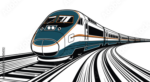 Sleek High-Speed Train on Curved Tracks Illustration, Modern Commute Express for Futuristic Urban Transport Network, Travel Technology Concept Art, Rail Transit Design for Presentation, Marketing, and