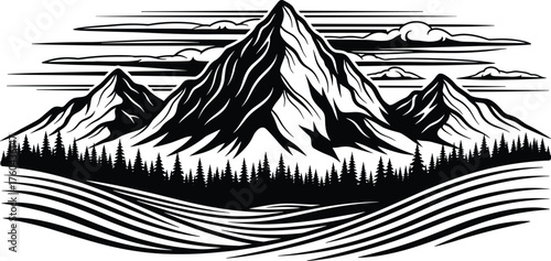 Majestic Mountain Range Landscape with Pine Forest Silhouette, Woodcut Style Illustration for Outdoor Adventure, Travel, Exploration Concepts. Serene Nature, Graphic Design Template, Scenic Views,  Mo