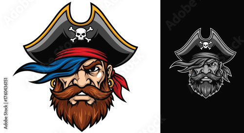 Intense Pirate Captain Mascot Illustration with Detailed Tricorne Hat and Skull, Eye Patch and Fiery Beard, Ready for Esports Gaming Logo or Sports Team Branding, Bold Graphic Design, Adventure Symbol