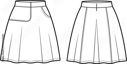 Technical fashion flat sketch, vector illustration of women skirt design with waistband, pleats, topstitch detail, garment construction, CAD drawing
