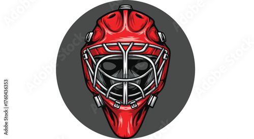 Intense Hockey Goalie Mask Illustration: Vintage Red Design for Ice Sports, Game Protection & Gear, Themed Parties or Athletic Design Projects, Helmet for Fan Apparel or Poster, Retro Style Sports Art