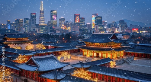 Seoul city skyline behind traditional palace at dusk; snow falls lightly