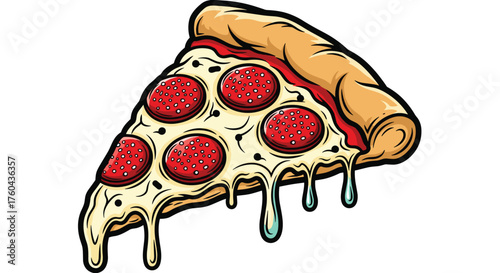 Delicious Pepperoni Pizza Slice Melting with Cheese, an Italian Food Icon, Cartoon Style Graphic Illustration for Restaurant Menu, Takeout, Catering, Food Blog, Culinary Presentation, Advertising, Pro