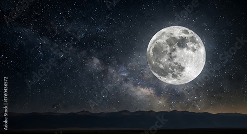 Full Moon Over Dark Landscape with Starry Sky.