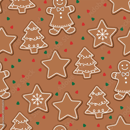 Christmas Food Pattern Vector. Seamless Christmas Gingerbread Cookies Pattern with Frosting. Merry Christmas Sweet Cookies seamless pattern Background.