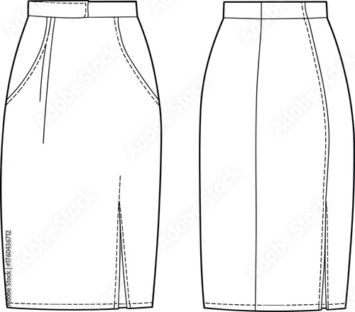 Women’s pencil skirt flat sketch, fashion CAD drawing, technical garment illustration, vector apparel template, front and back view, clothing design, sewing pattern
