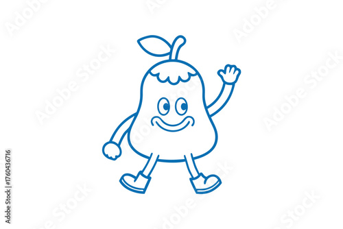 Cheerful cartoon pear character happily waves, displaying simple, blue outline style