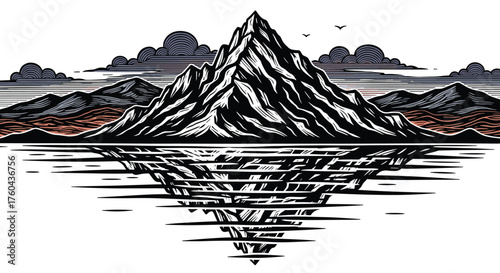 Majestic Mountain Peak Reflected in Calm Lake Landscape, Woodcut Style Illustration with Striking Black and White Contrast, Featuring Distant Ridges and Atmospheric Clouds for Travel, Nature, and Adve