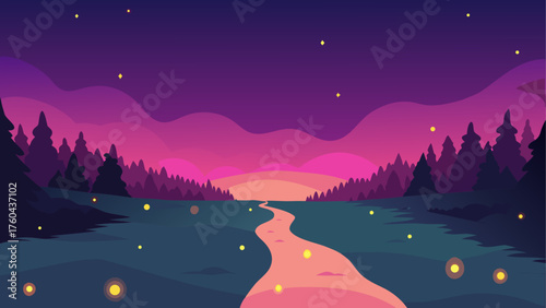 Magical forest path at twilight with fireflies and starry sky