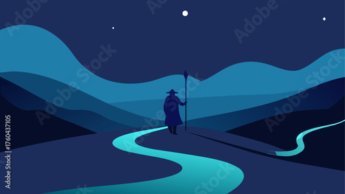 Mysterious traveler with a staff walks on a glowing path through rolling hills under a starry night sky