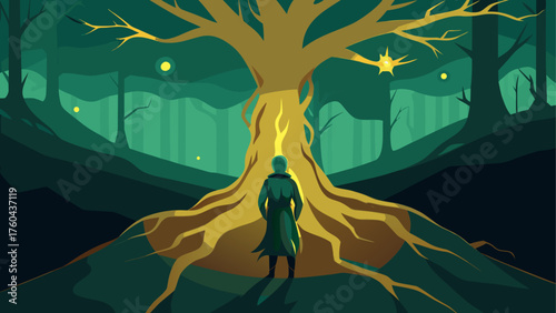 Mysterious figure stands before a glowing ancient tree in a dark enchanted forest