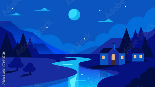 Peaceful night landscape with a moonlit river and cozy houses