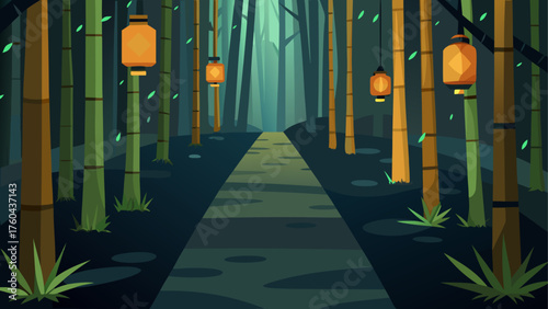 Enchanting bamboo forest path illuminated by hanging lanterns at dusk