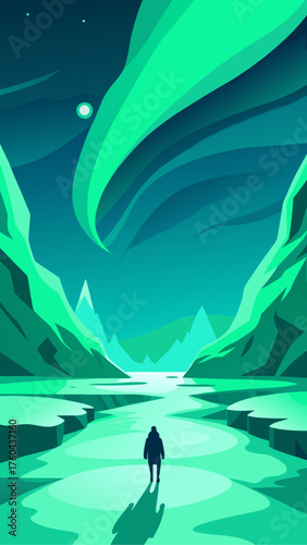 Lone figure walks through icy landscape under aurora borealis