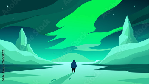 Lone figure stands on icy ground under vibrant green aurora borealis sky
