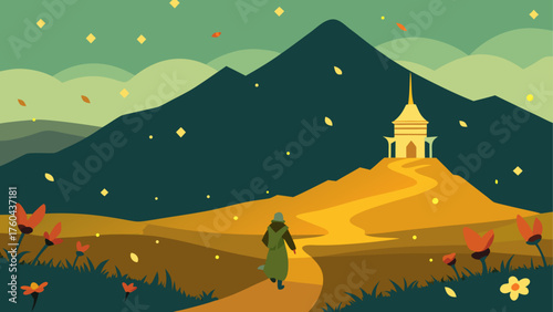 Person walking on a path towards a temple on a mountain at dusk