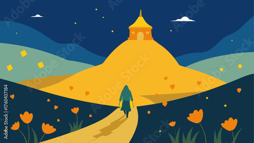 Lone traveler walks a winding path towards a golden temple on a hill at night