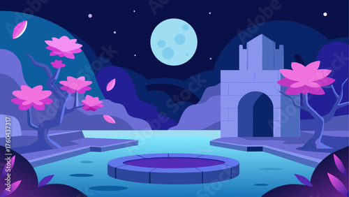 Enchanting fantasy landscape at night with a castle and glowing flowers under a full moon