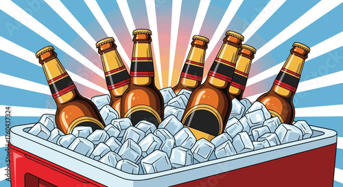Chilled Craft Beer Bottles Cooling in Ice Chest for Summer Refreshment at Outdoor Party, Ideal for Barbecue or Picnic Celebration, Offering Relaxation & Good Times for Lifestyle Advertising, Beverage