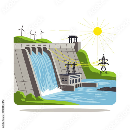 Hydroelectric Dam Power Plant Renewable Energy Illustration for Sustainable Development