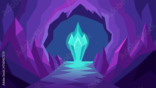 Enchanting cave with glowing crystal and purple formations