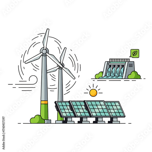 Sustainable Energy Illustration Wind Turbines, Solar Panels, and Hydroelectric Dam