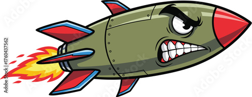 Aggressive Cartoon Rocket Launching Forward with Fiery Flames, a Concept of Anger Issues, Space Exploration, Military Strategy, War, or Futuristic Technological Advancement. Ideal for Children's Educa