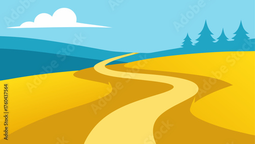 Winding yellow road through rolling hills and pine trees under a blue sky with clouds