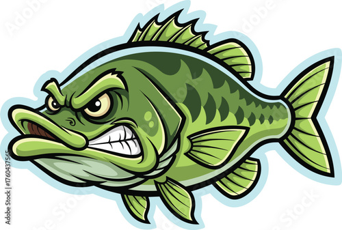 Angry Largemouth Bass Illustration Ready to Strike with Aggressive Expression, Cartoon Fish with Sharp Teeth & Menacing Gaze for Sports, Mascot Design, & Fishing Gear,  Vibrant Colors, Bold Outline, V