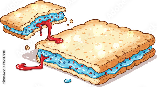 Delicious Dessert Sandwich with Blue Cream and Drizzled Red Topping Isolated on White Backdrop for Summer Food Illustrations and Sweet Treat Designs in Modern Artistic Style for Creative Food Projects